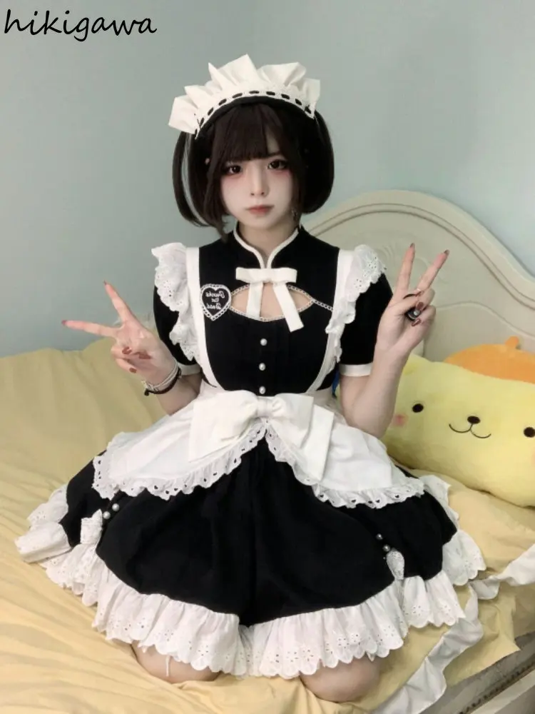 Japanese Woman Dress Vestidos De Mujer Lolita Style Stand Neck Hollow Out Lace Sweet Bow A-line Dresses Summer Robe Femme - Image 4