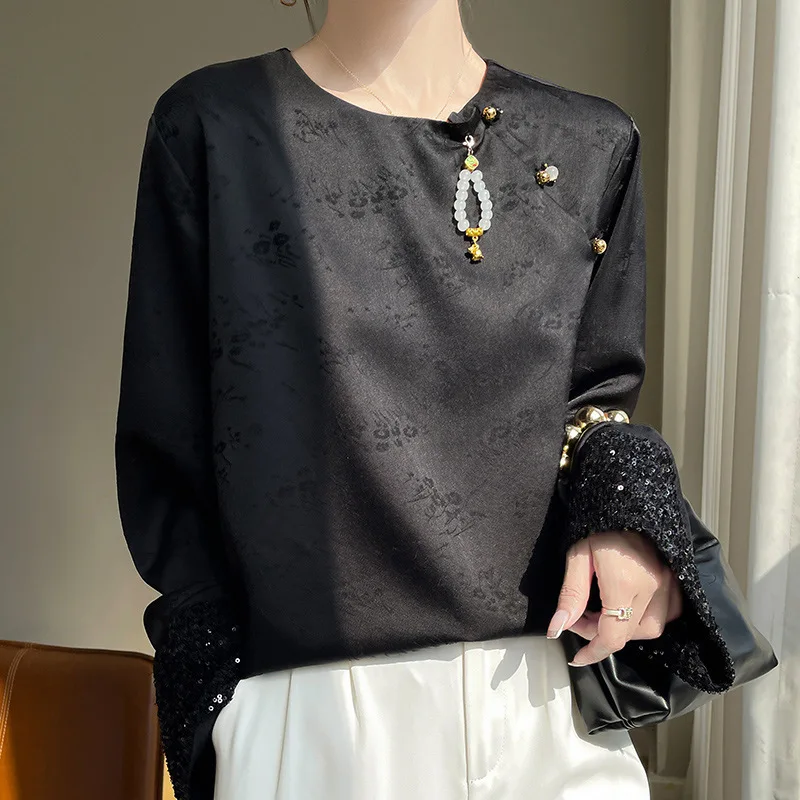 New Chinese style sequined shirt women's spring and summer 2025 new European women's clothing fashion sense foreign style shirt