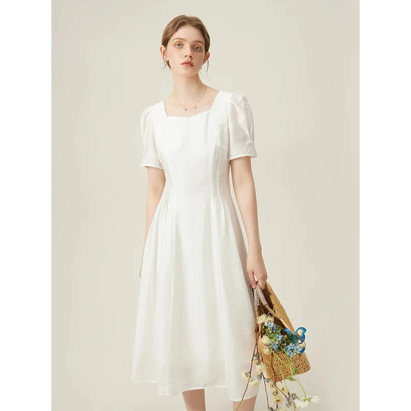 Simple Style Elegant Dress for Women Summer First Love Ladylike White High Waist A-Line Skirt Female 24FS12002