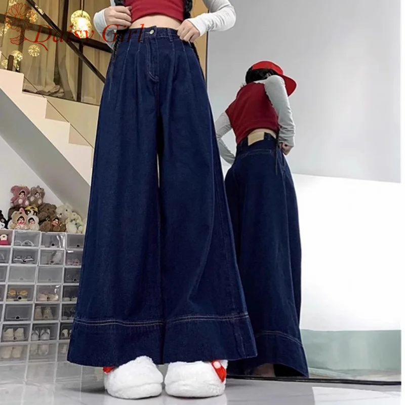 New Spring And Summer Retro Wide-Leg Jeans Girl Pear-Shaped Body High Waist Slim Loose Straight Pants