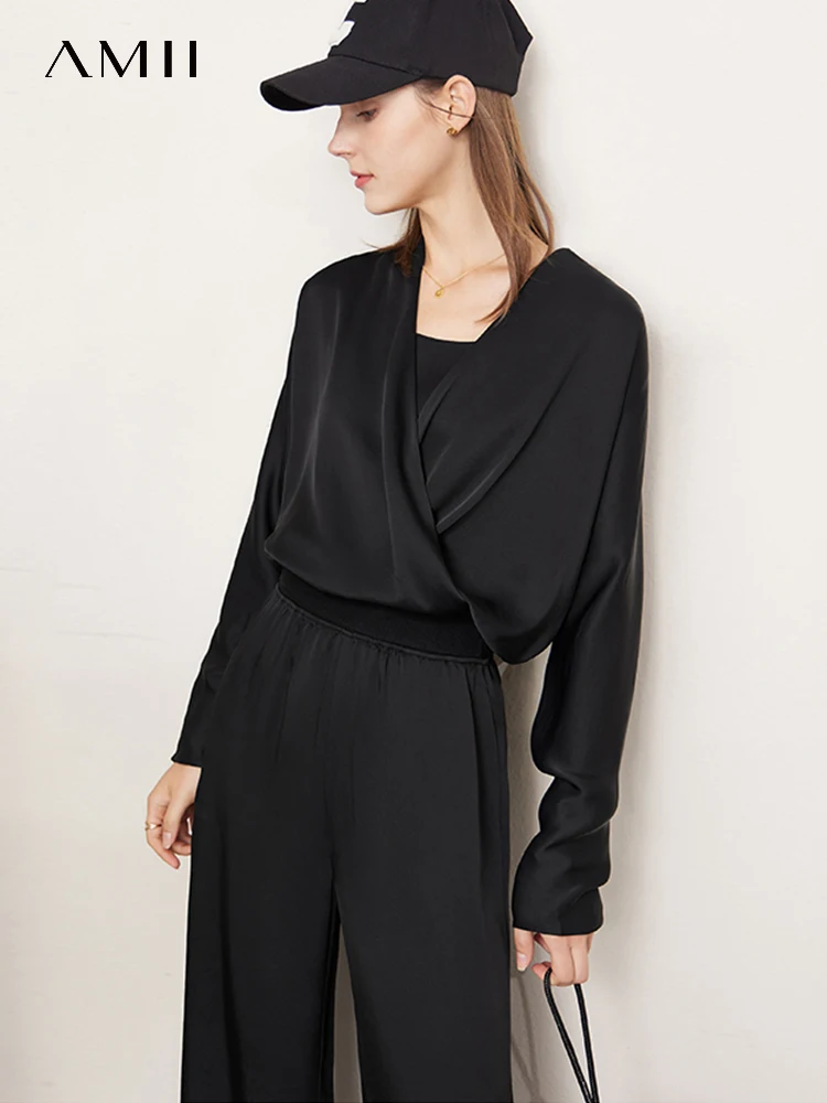 AMII Minimalist 2025 Autumn Shirt Vest Women New Raglan Sleeve Half Open Collar Loose Mercerized Solid Blouses Female 12353102